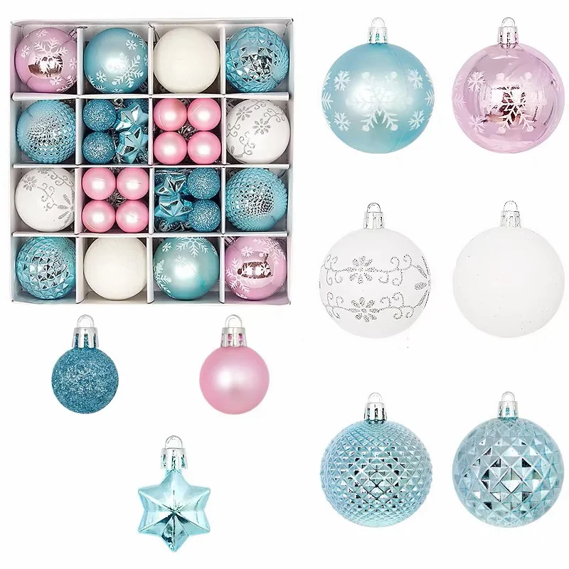 44 boules Noël Bleu Blanc Rose