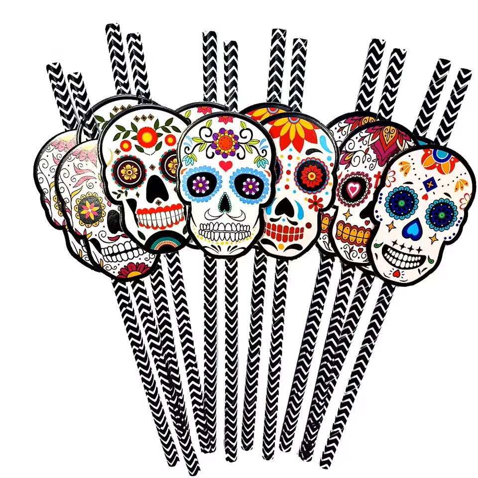 Lot de 12 pailles Crâne Mexique